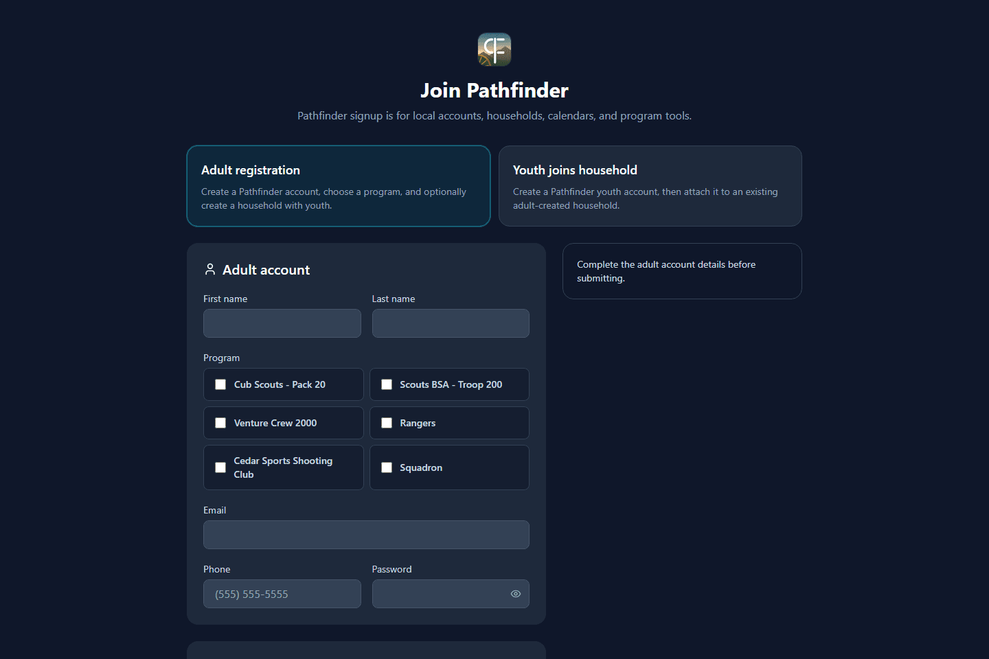 Pathfinder registration page showing Adult registration selected.