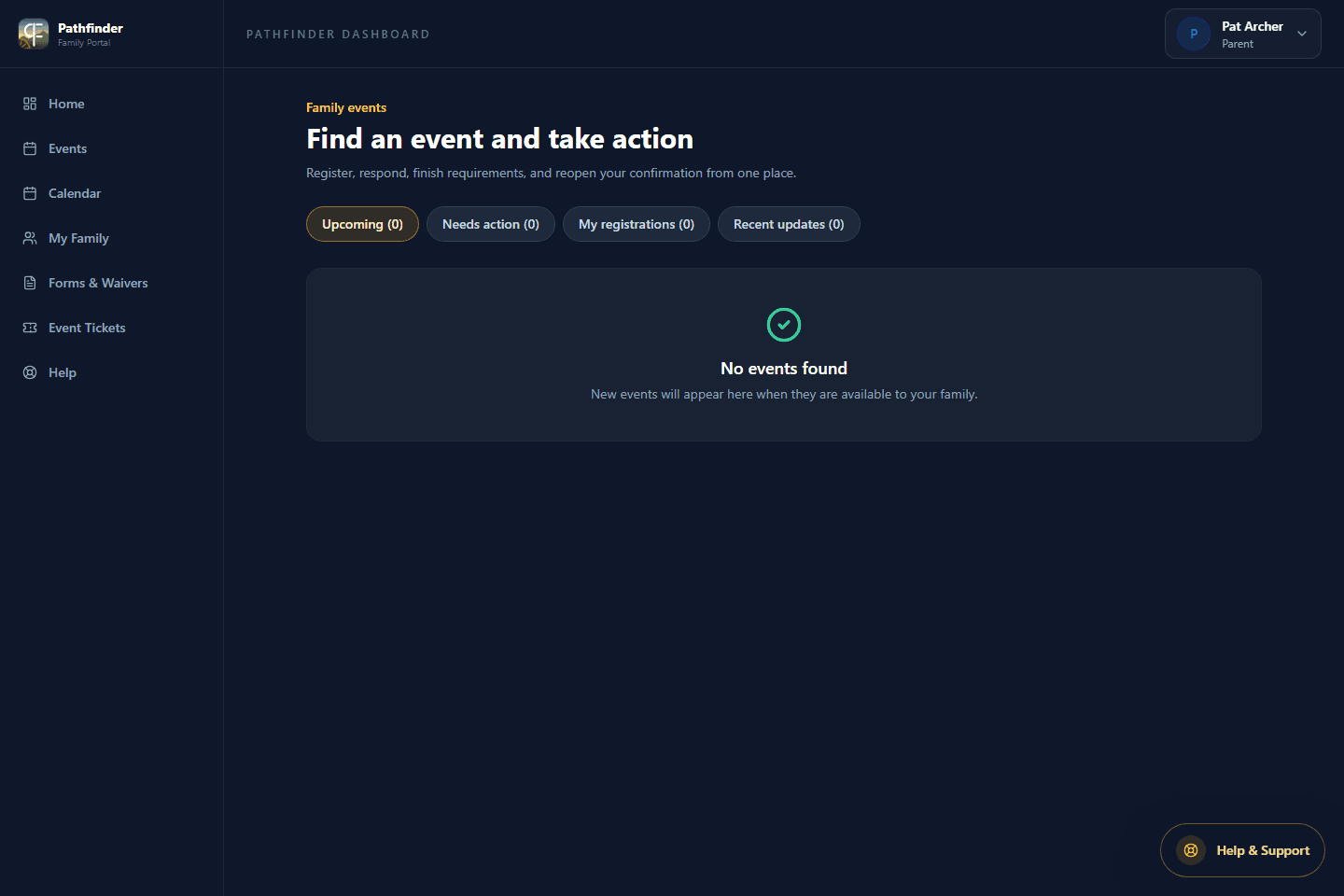 Events screen in the Pathfinder family portal.